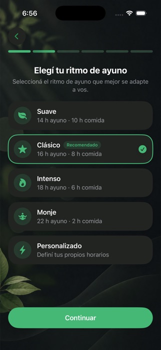 Paso para elegir un ritmo de ayuno: 14:10, 16:8, 18:6, 22:2 o personalizado